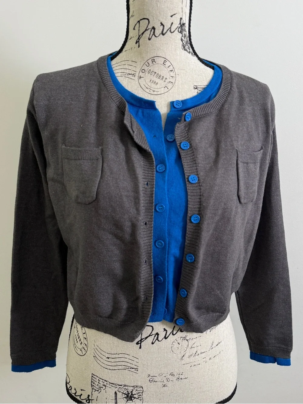 Womens Gray Double Layer Knit Cardigan Button Front Long Sleeve Sweater M Preepy - Picture 2 of 7